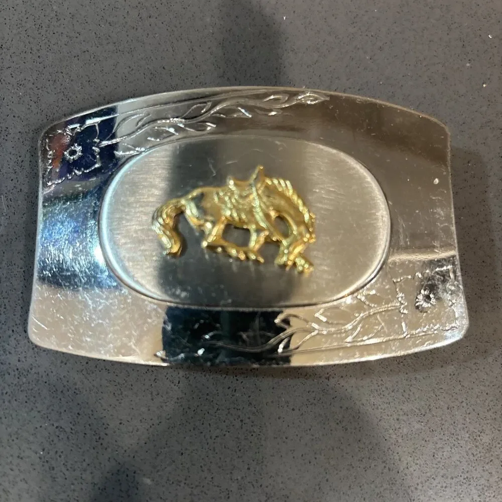Vintage Two Tone Gold Silver Bucking Bronco Belt Buckle Western